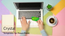  Presentation with trading card - PPT theme having trading cards - young woman with credit card background and a lemonade colored foreground