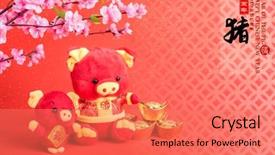  Presentation with translation - Audience pleasing PPT theme consisting of tradition chinese cloth doll pig backdrop and a coral colored foreground
