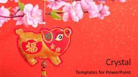  Presentation with pig year - Slide deck consisting of tradition chinese cloth doll pig background and a dark gray colored foreground