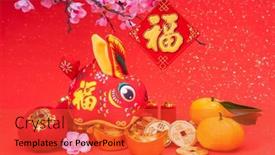  Presentation with translation - Presentation theme featuring tradition-chinese-cloth-doll-rabbit background and a red colored foreground