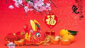  Presentation with golden seal - PPT theme with tradition-chinese-cloth-doll-rabbit background and a red colored foreground