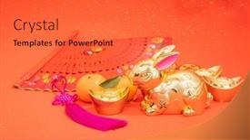  Presentation with chinese new year - Slide deck having tradition-chinese-golden-rabbit-statue background and a red colored foreground