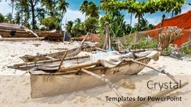 Presentation with fishing boat - Beautiful slide deck featuring traditional african wooden fishing boat on a sandy beach backdrop and a coral colored foreground