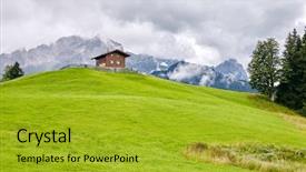  Presentation with hut - Beautiful theme featuring traditional alpine hut against lush meadow and mountains - alps beauty concept backdrop and a gold colored foreground