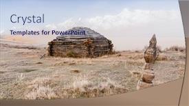  Presentation with cooperative culture building - Cool new presentation theme with traditional altai building called ail abandoned in mountains with fog backdrop and a light blue colored foreground