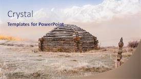  Presentation with abandoned - Presentation theme having traditional altai building called ail abandoned in mountains with fog background and a light blue colored foreground