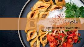  Presentation with tom yum kung traditional food - Audience pleasing presentation design consisting of traditional armenian manti with mincemeat backdrop and a gold colored foreground