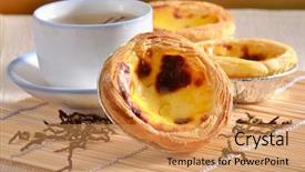  Presentation with dessert - PPT theme with traditional asian dessert egg tarts background and a coral colored foreground