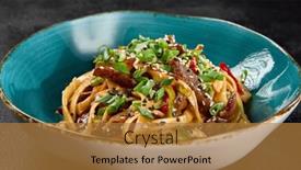  Presentation with meat beef - Presentation theme featuring traditional-asian-fried-noodles background and a gold colored foreground