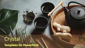  Presentation with ceremony - Presentation theme consisting of traditional asian tea ceremony arrangement top view background and a tawny brown colored foreground