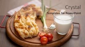  Presentation with cheese pie - Presentation design consisting of traditional-balkan-breakfast-borek background and a coral colored foreground