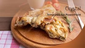  Presentation with cheese pie - Presentation design with traditional-balkan-breakfast-burek-pie background and a coral colored foreground