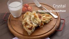  Presentation with cheese pie - Colorful presentation theme enhanced with traditional-balkan-breakfast-burek-pie backdrop and a coral colored foreground