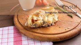  Presentation with cheese pie - PPT theme featuring traditional-balkan-breakfast-burek-pie background and a coral colored foreground