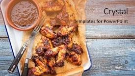  Presentation with hot sauce - Theme featuring jerk - traditional barbecue chicken wings background and a gold colored foreground