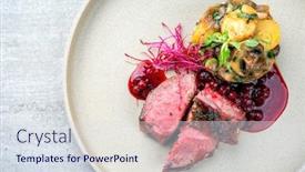  Presentation with barbecue dry aged kobe rib - PPT theme enhanced with traditional barbecue dry aged sliced venison fillet steak with potato mushroom terrine and cowberry sauce as top view on a plate with copy space background and a sky blue colored foreground