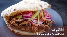  Presentation with bbq - Presentation theme with traditional barbecue pulled beef burger offered with carolina bbq sauce gherkin and onion rings as closeup on a modern design plate background and a tawny brown colored foreground