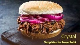  Presentation with burger - Slide set enhanced with traditional barbecue pulled beef burger offered with carolina bbq sauce gherkin and onion rings as closeup on a burnt wooden board background and a tawny brown colored foreground