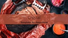  Presentation with wagyu - Beautiful presentation featuring traditional barbecue wagyu pulled beef in peach paper with carolina bbq sauce and onion rings as top view on a rustic board backdrop and a red colored foreground