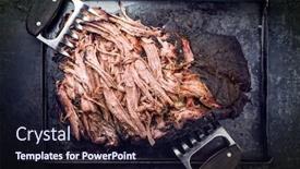  Presentation with wagyu - Theme having traditional barbecue wagyu pulled beef offered as top view on a rustic board in a metal tray background and a wine colored foreground