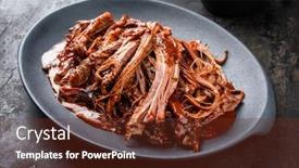  Presentation with bits - Beautiful slide set featuring traditional barbecue wagyu torn to bits pulled beef in hot chili sauce in a modern design cast iron plate as top view on a rustic board backdrop and a tawny brown colored foreground
