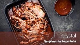  Presentation with bits - Colorful presentation theme enhanced with traditional barbecue wagyu torn to bits pulled beef in hot chili sauce in a roasting dish as top view on a rustic board with copy space backdrop and a tawny brown colored foreground