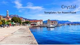  Presentation with hotel de ville or town - Colorful slide set enhanced with traditional-beautiful-coastal-town-kastela backdrop and a light blue colored foreground