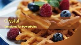  Presentation with white plate - Colorful presentation enhanced with traditional belgian waffles with fresh berrys and sugar powder on white plate blue wooden background backdrop and a tawny brown colored foreground