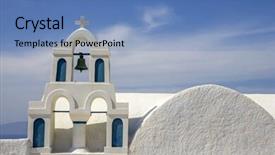  Presentation with church blue - Slide deck enhanced with traditional blue dome church in santorini greece background and a teal colored foreground