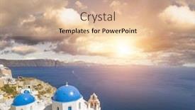  Presentation with church blue - Colorful presentation design enhanced with traditional blue dome church in santorini greece backdrop and a coral colored foreground