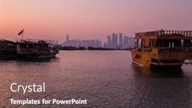  Presentation with islamic art - Audience pleasing theme consisting of traditional-boats-called-dhows-anchored backdrop and a dark gray colored foreground