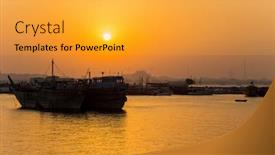  Presentation with boats - Colorful presentation theme enhanced with traditional boats called dhows are anchored in the port near museum of islamic in doha qatar backdrop and a gold colored foreground