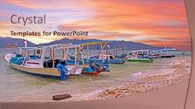  Presentation with island sunset - Amazing PPT theme having traditional-boats-on-gili-meno backdrop and a coral colored foreground