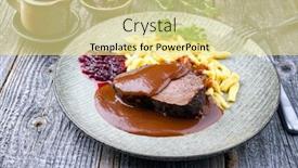  Presentation with traditional mode old vespa scooter - Colorful PPT theme enhanced with traditional braised marinated german sauerbraten from beef with spaetzle and cranberry jam in spicy brown sauce as closeup in a modern design plate backdrop and a blonde colored foreground