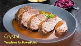  Presentation with closeup of bees flying - Audience pleasing slide deck consisting of traditional braised marinated german sauerbraten from beef with blue kraut in spicy brown sauce as closeup in a modern design cast iron plate backdrop and a red colored foreground