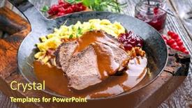  Presentation with closeup of bees flying - Slide set consisting of traditional braised marinated german sauerbraten from beef with spaetzle and cranberry jam in spicy brown sauce as closeup in a rustic wrought iron plate background and a tawny brown colored foreground
