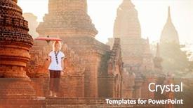  Presentation with ancient temples - Colorful presentation design enhanced with traditional burmese parasol visiting ancient backdrop and a coral colored foreground