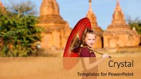  Presentation with ancient temples - PPT theme having traditional burmese parasol visiting ancient background and a yellow colored foreground