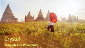  Presentation with ancient temples - Presentation design featuring traditional burmese parasol visiting ancient background and a tawny brown colored foreground