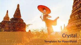  Presentation with ancient temples - Slide set enhanced with traditional burmese parasol visiting ancient background and a gold colored foreground