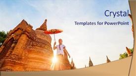  Presentation with ancient temples - Beautiful slide set featuring traditional burmese parasol visiting ancient backdrop and a sky blue colored foreground