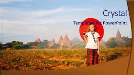  Presentation with ancient temples - Presentation design with traditional burmese parasol visiting ancient background and a sky blue colored foreground