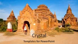  Presentation with ancient temples - Audience pleasing presentation design consisting of traditional burmese parasol visiting ancient backdrop and a yellow colored foreground