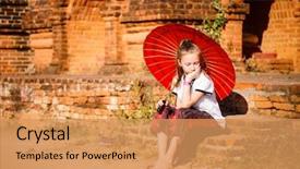  Presentation with ancient temples - Presentation theme featuring traditional burmese parasol visiting ancient background and a coral colored foreground