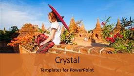  Presentation with ancient temples - Cool new slide set with traditional burmese parasol visiting ancient backdrop and a gold colored foreground