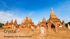  Presentation with ancient temples - Presentation design enhanced with traditional burmese parasol visiting ancient background and a yellow colored foreground