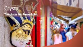  Presentation with masks - PPT theme enhanced with traditional carnival masks for sale on a souvenir shop in venice italy background and a tawny brown colored foreground