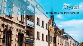  Presentation with building - Slide set having traditional-cathedral-building-in-reims background and a cyan colored foreground