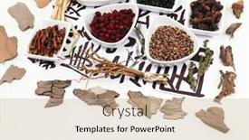  Presentation with traditional medicine medicine - Amazing theme having traditional chinese herbal medicine ingredients on not real hieroglyphs close-up backdrop and a soft green colored foreground