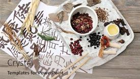  Presentation with traditional medicine medicine - Audience pleasing presentation design consisting of traditional chinese herbal medicine ingredients with not real hieroglyphs close-up backdrop and a coral colored foreground